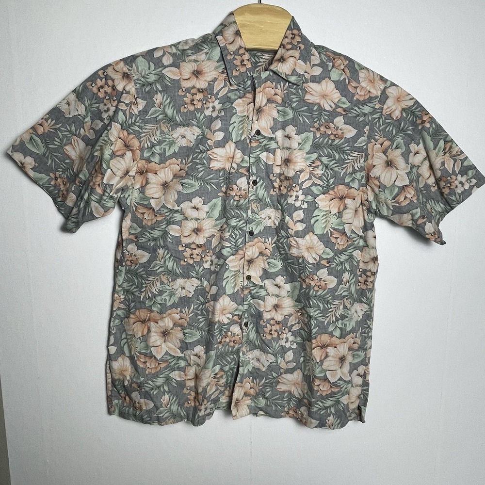 Go Barefoot Men's Large Gray Orange Green Hawaiian Tropical Aloha Floral Button - Picture 2 of 8